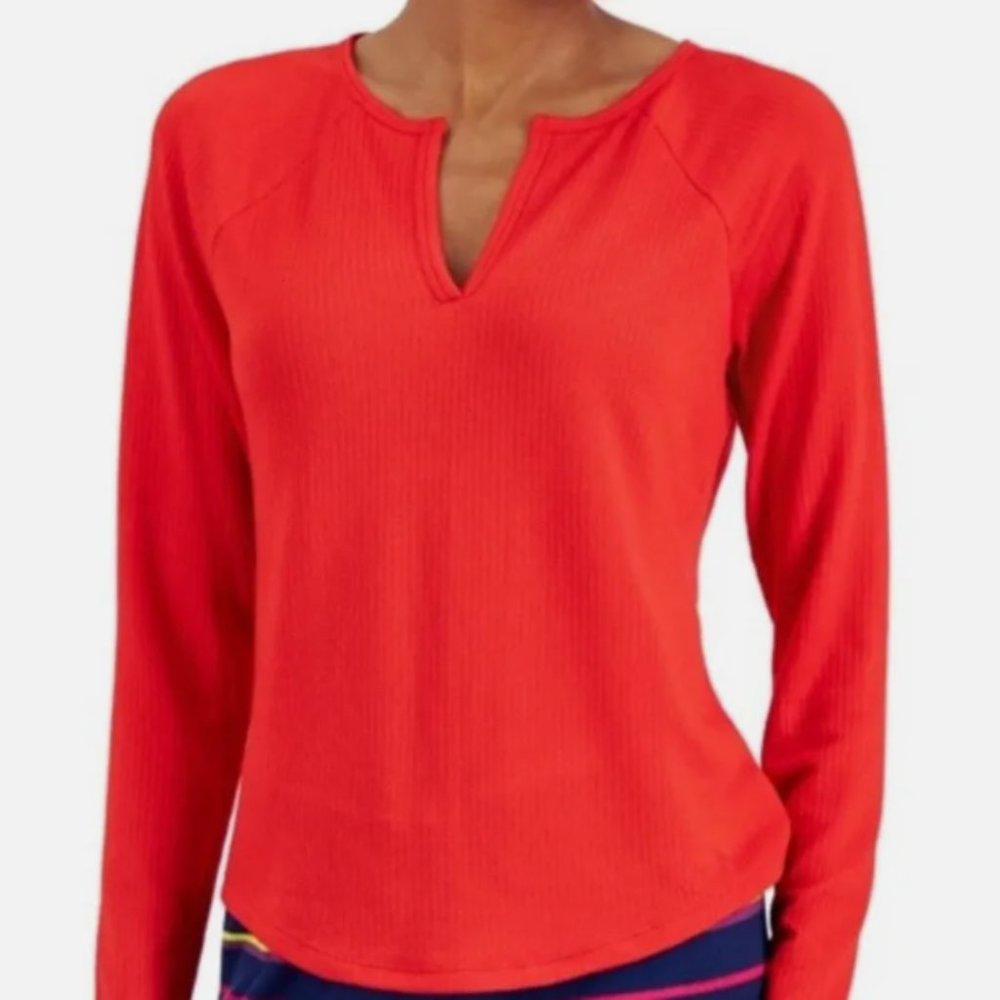 NWT Jenni Split Neck Ribbed Long Sleeve Knit Pajama Top Papaya Punch